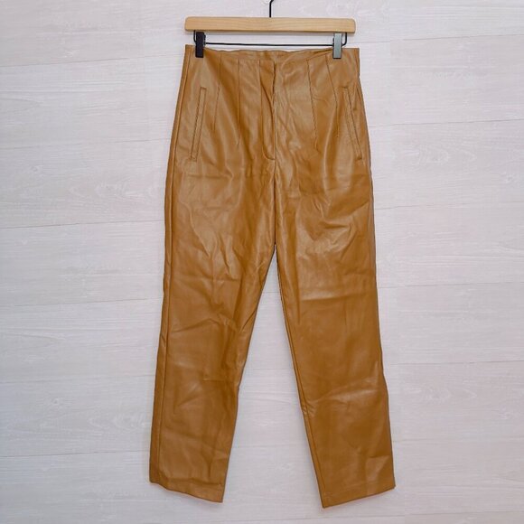 Aaron & Amber Women's Camel Brown Faux Leather High Rise Straight Leg Pants - Picture 1 of 6